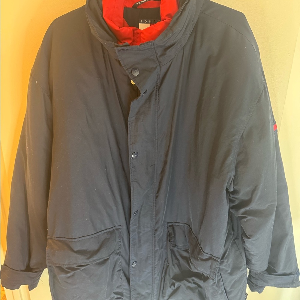 Tommy Hilfiger Men's Navy and Red Down Jacket Y2K Size XLarge